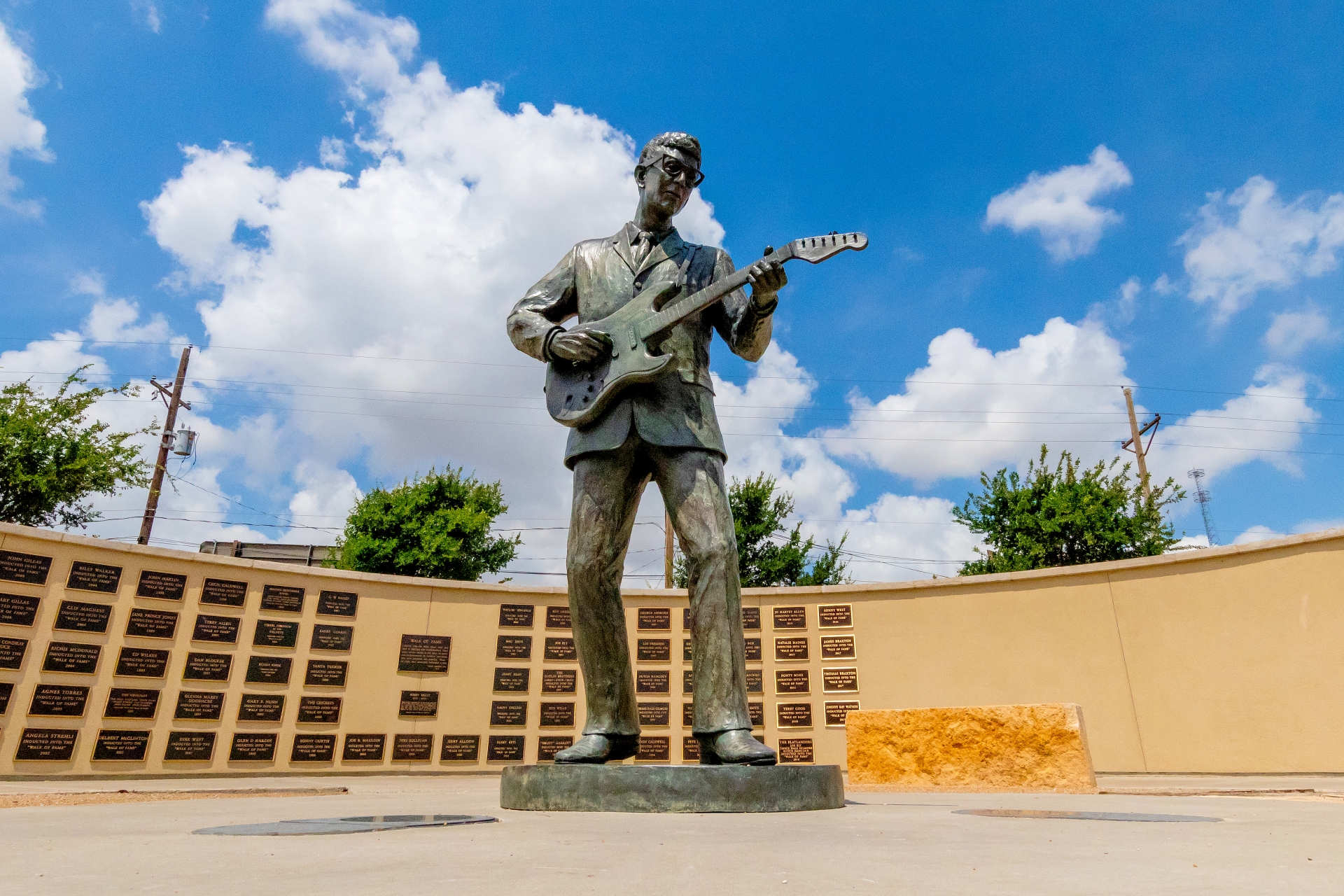Buddy Holly Centre Lubbock with view of Statue of Buddy holding his guitar