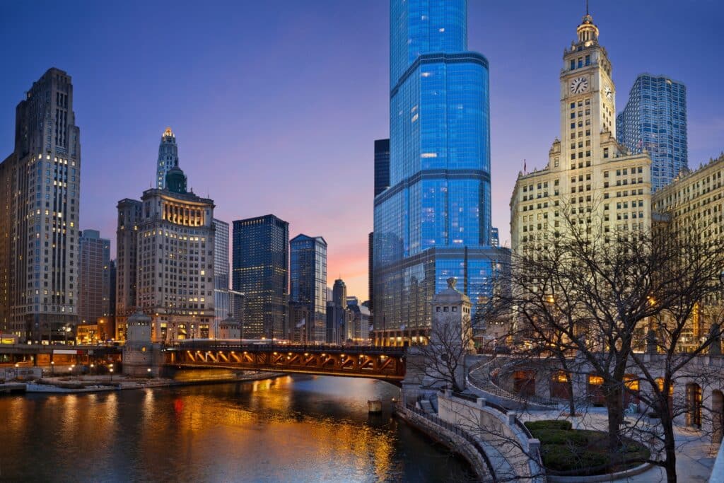 Chicago River & City at sunset