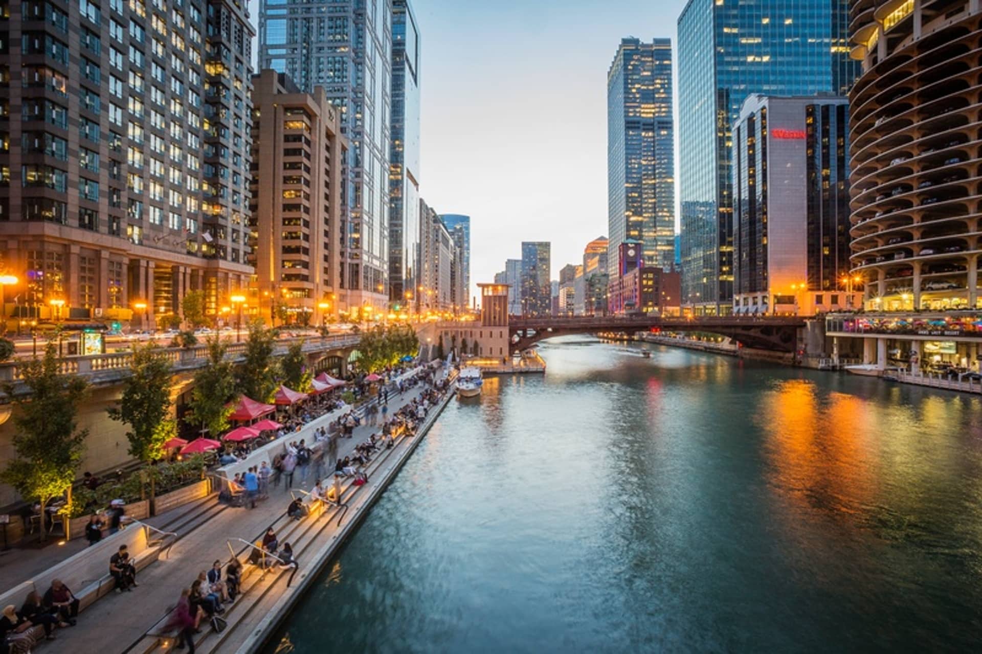 Chicago Riverwalk gorgeous summer evening at rivers edge