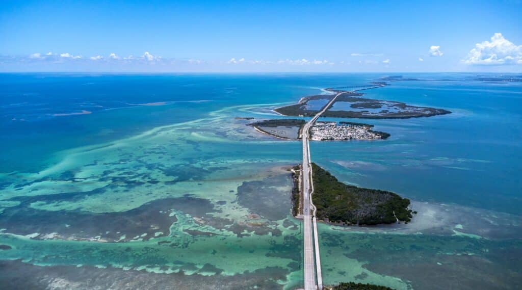 Aerial shot of Overseas Highway heading to the Florida Keys