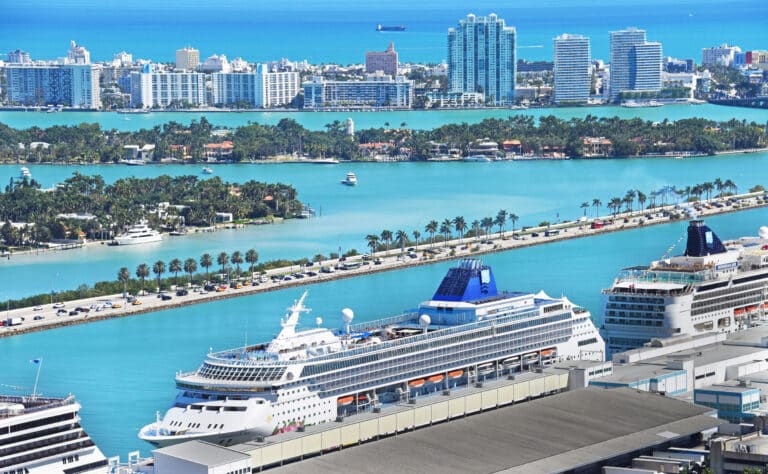 Miami Cruise docked in the blue waters of Miami