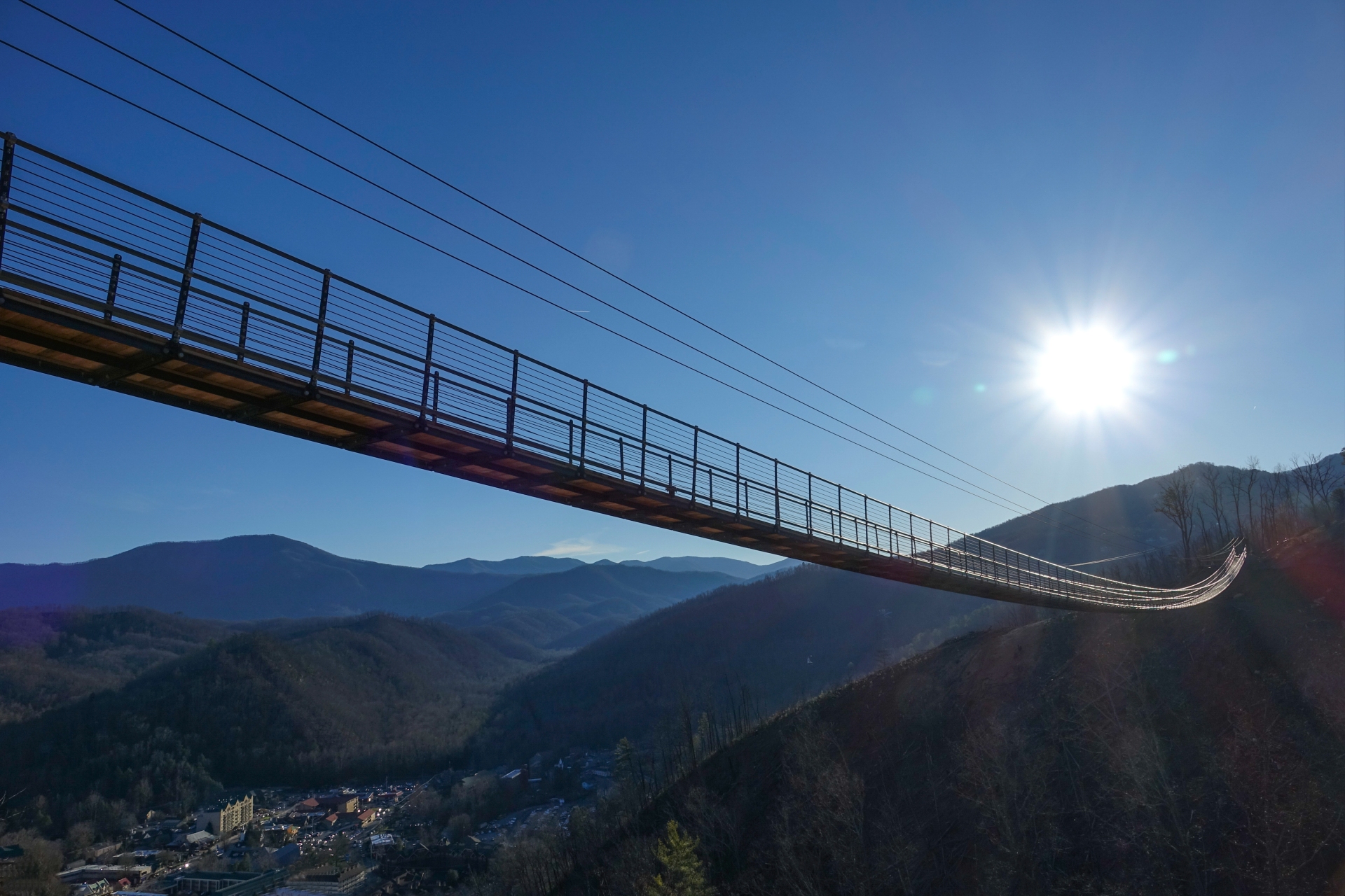Gatlinburg Skylift long bridge overlooking city