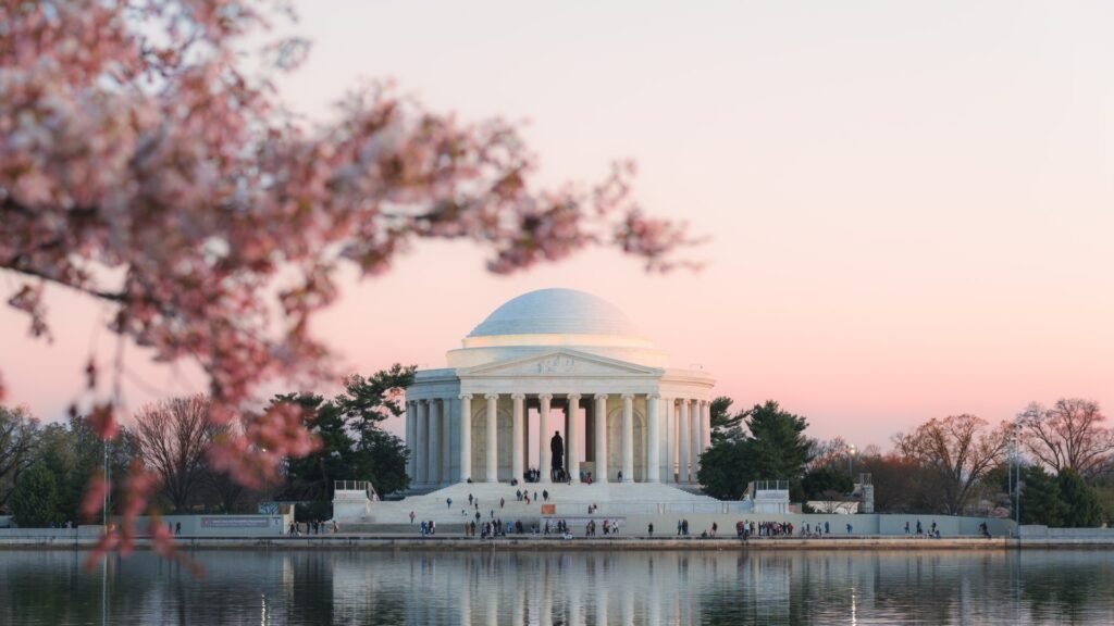 Jefferson Memorial from across Tidal Basin with cherry blossoms