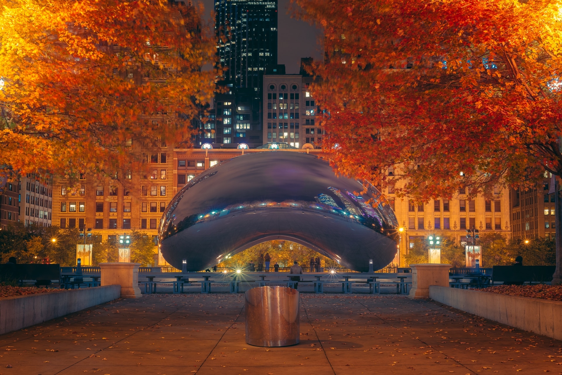 Autumnal hues frame the sleek, reflective curves of Chicago's iconic Cloud Gate sculpture during an evening in Millennium Park.