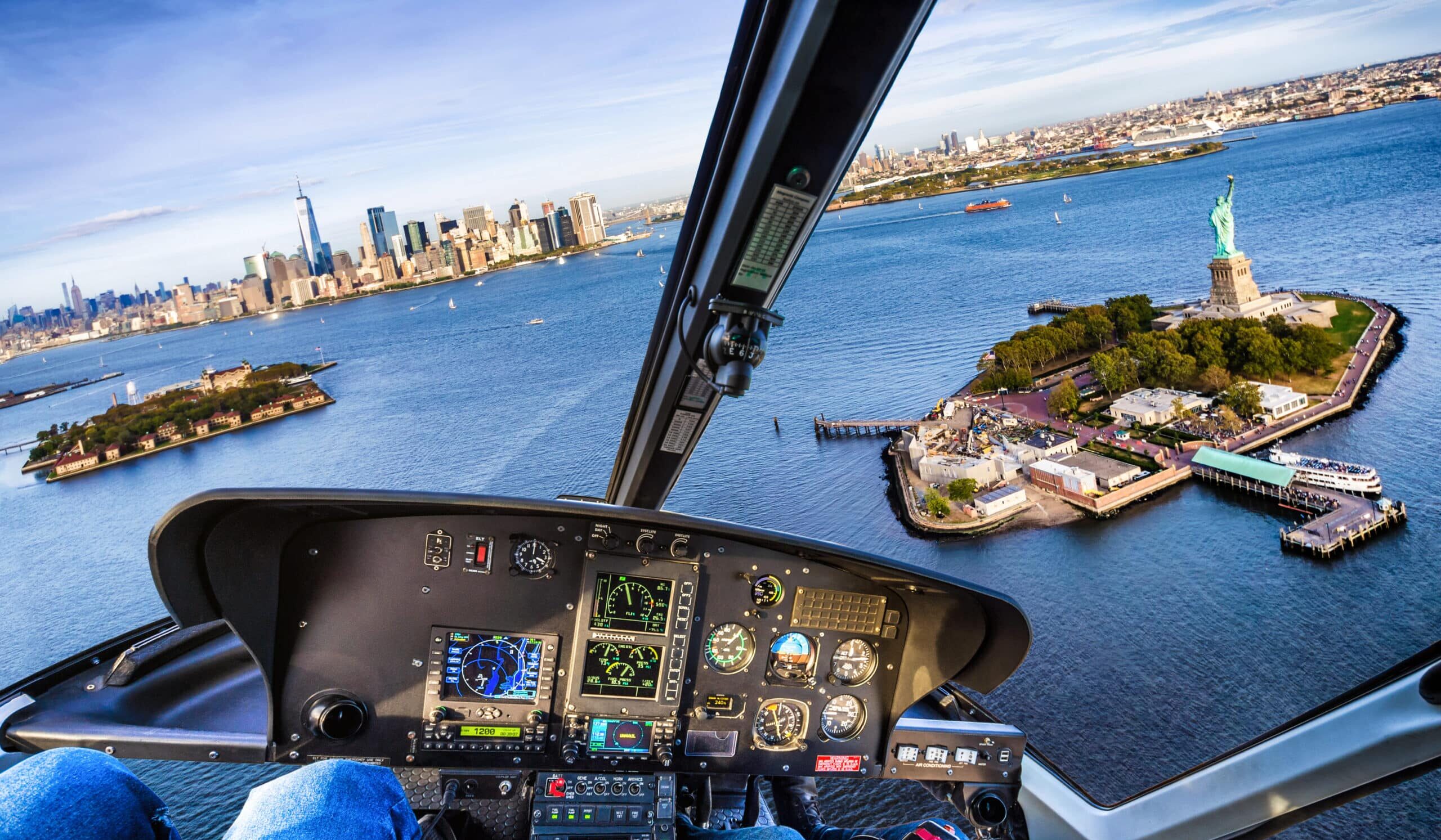 Cockpit view of a flight over Statue of Liberty in Liberty Island, New York. USA
