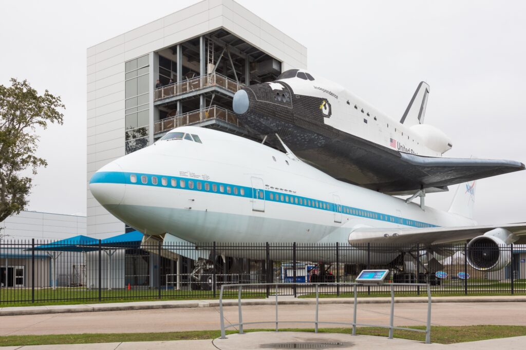 Space Centre Houston with view of shuttle on the transporter plane