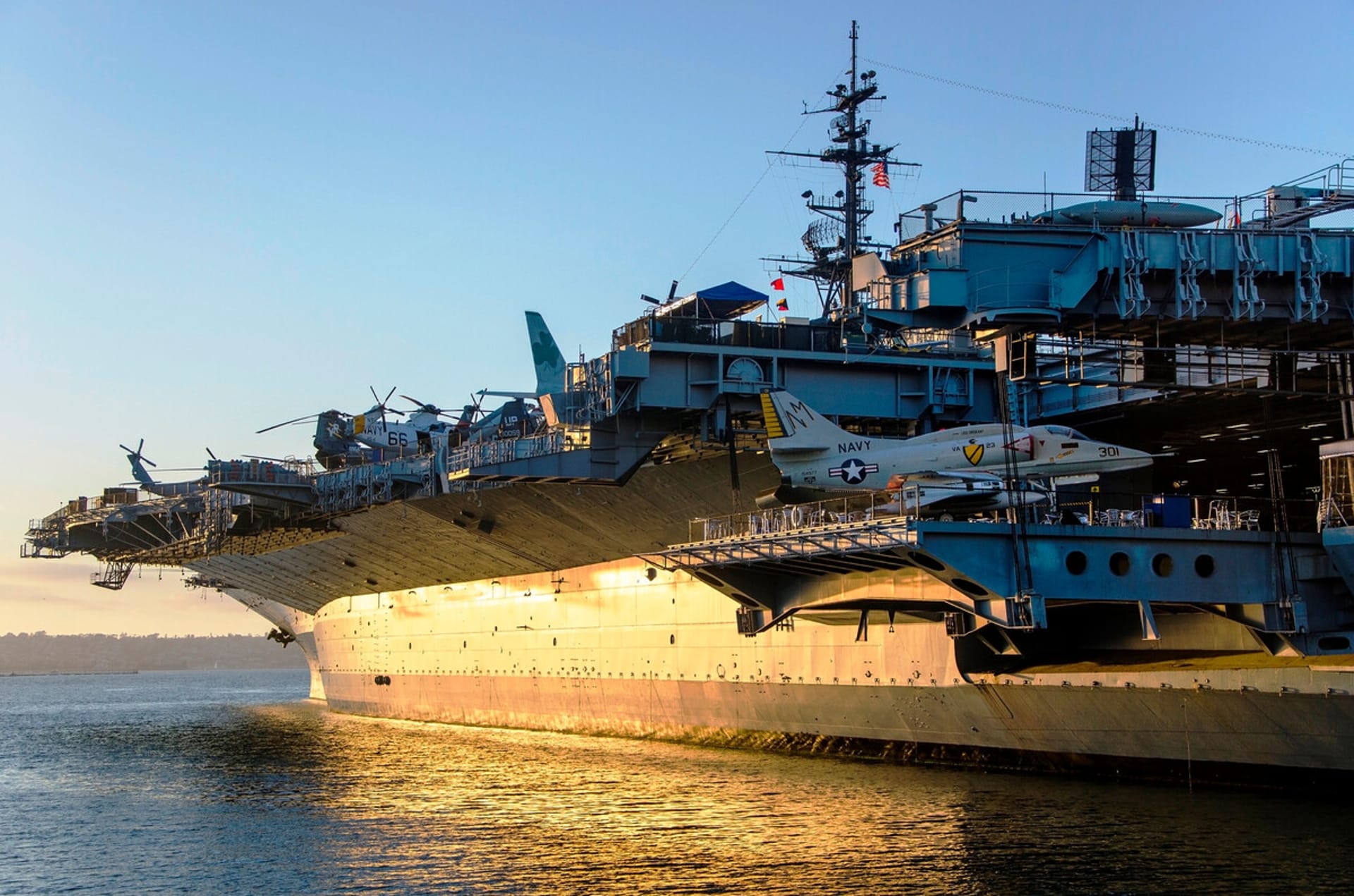 sunset reflection on USS Midway
