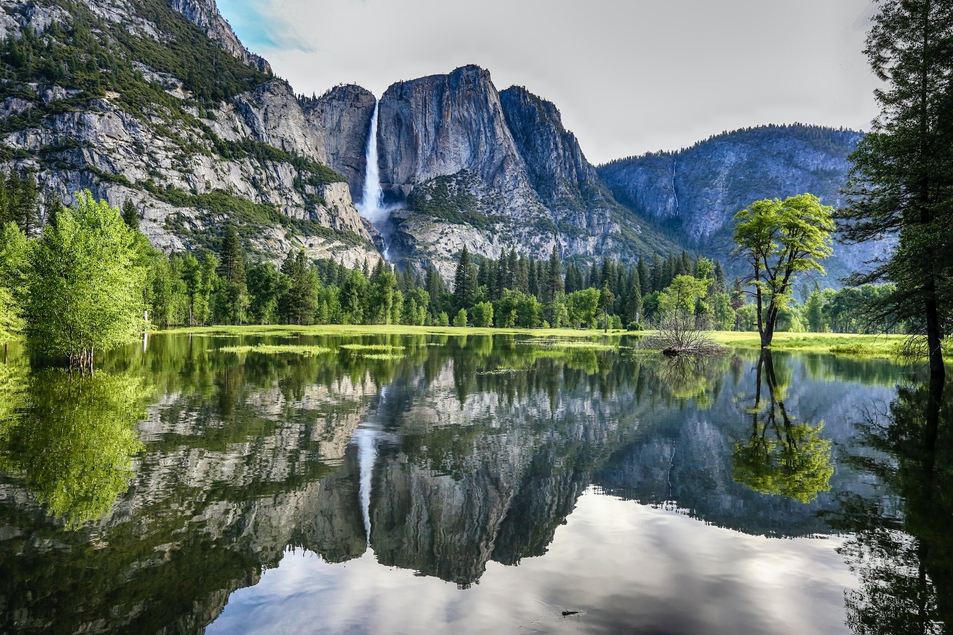 Lake with El Capitan and Yosemite Falls in the background