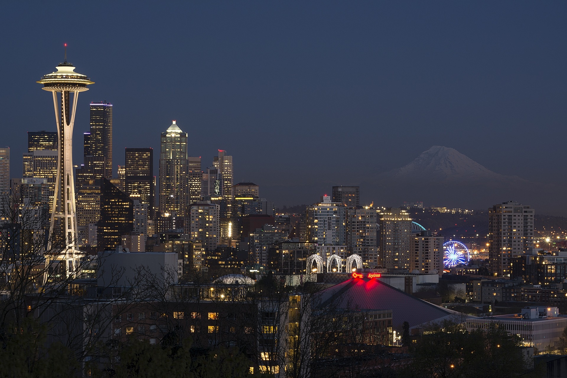 Seattle City WA at night showing Mt Rainer & the Space Needle Tower