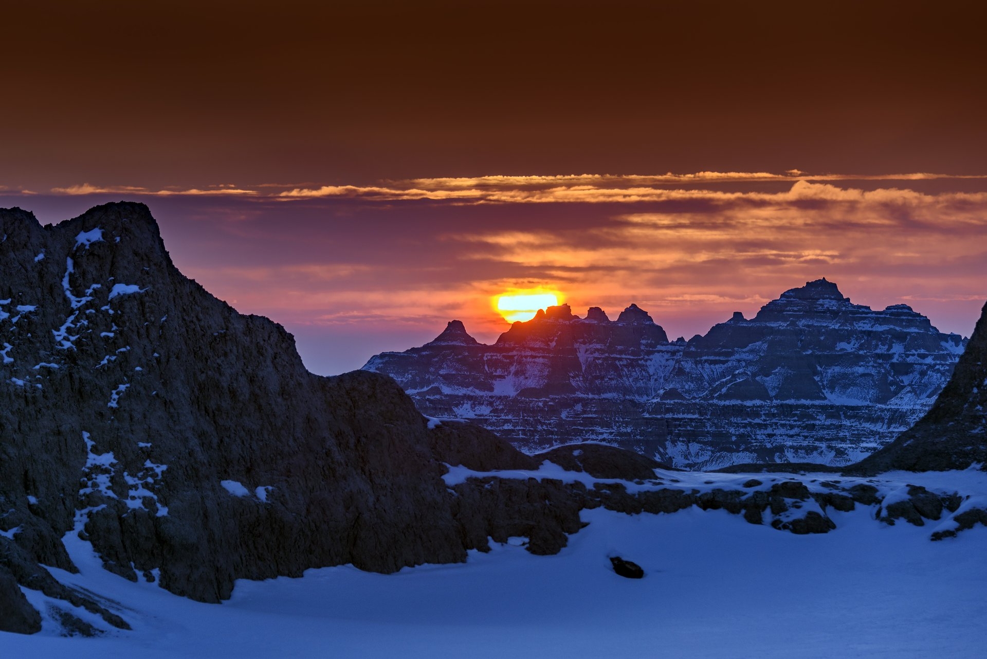 Badlands National Park sunset at the park in winter