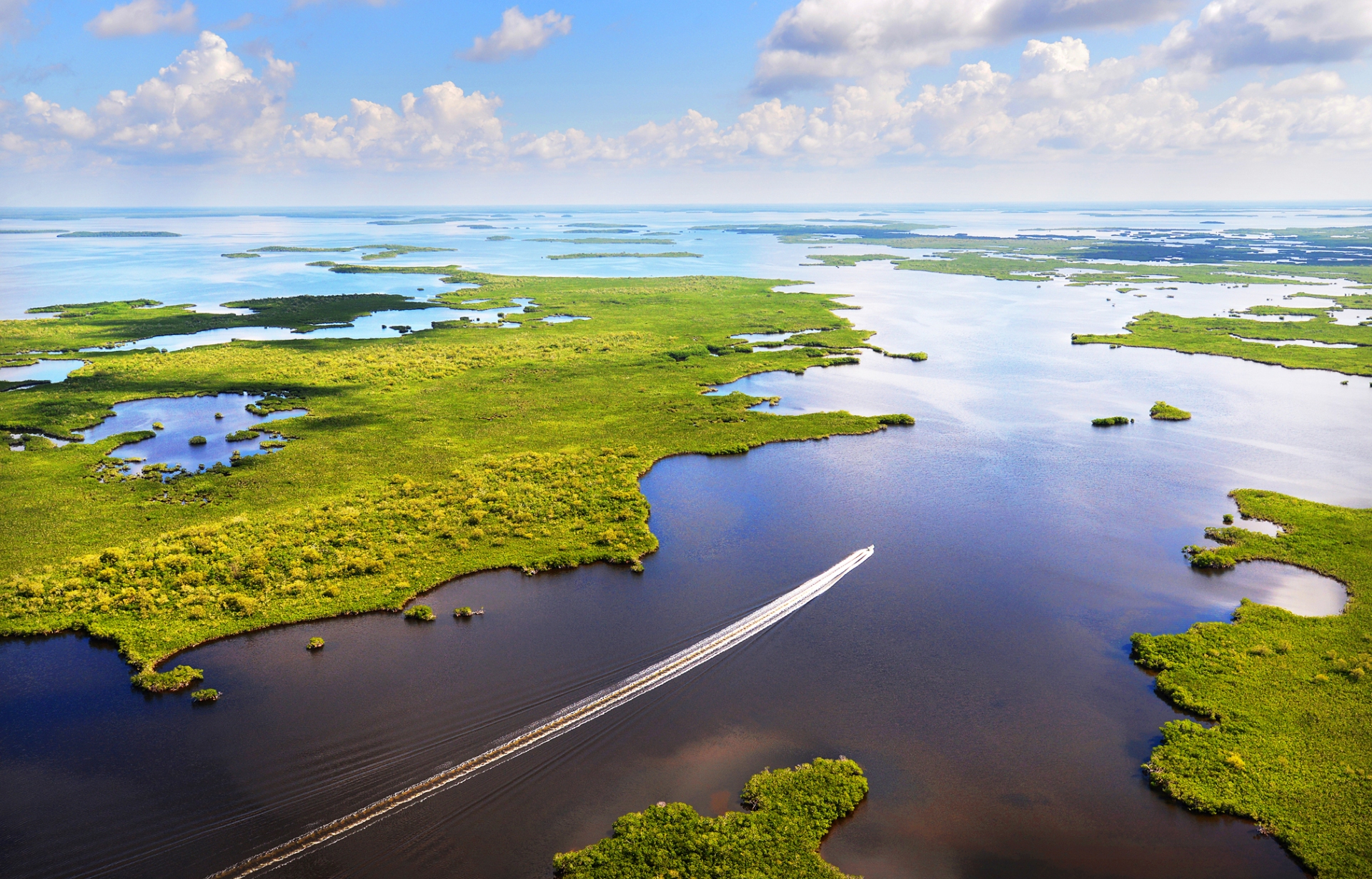 Everglades National Park ariel shot of boat powering through the everglades
