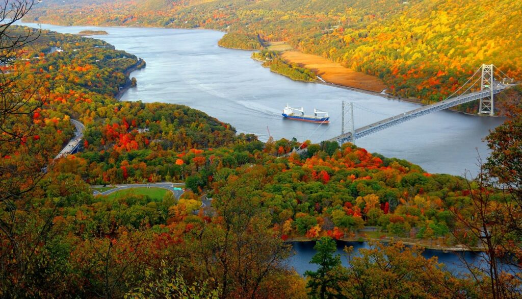 Hudson Valley stunning ariel view of bridge & scenery in Fall