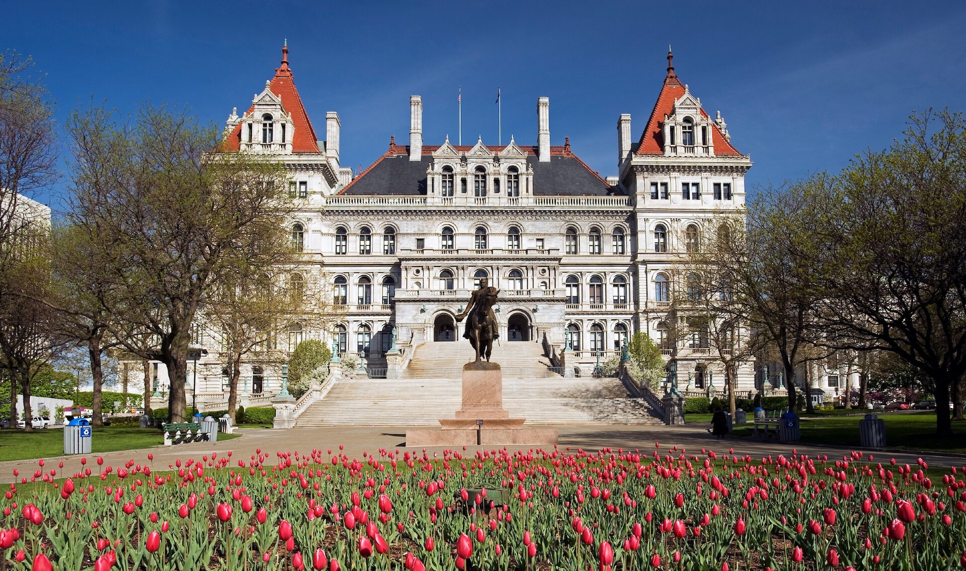 New York State Capitol with garden of Tulips in the front garden