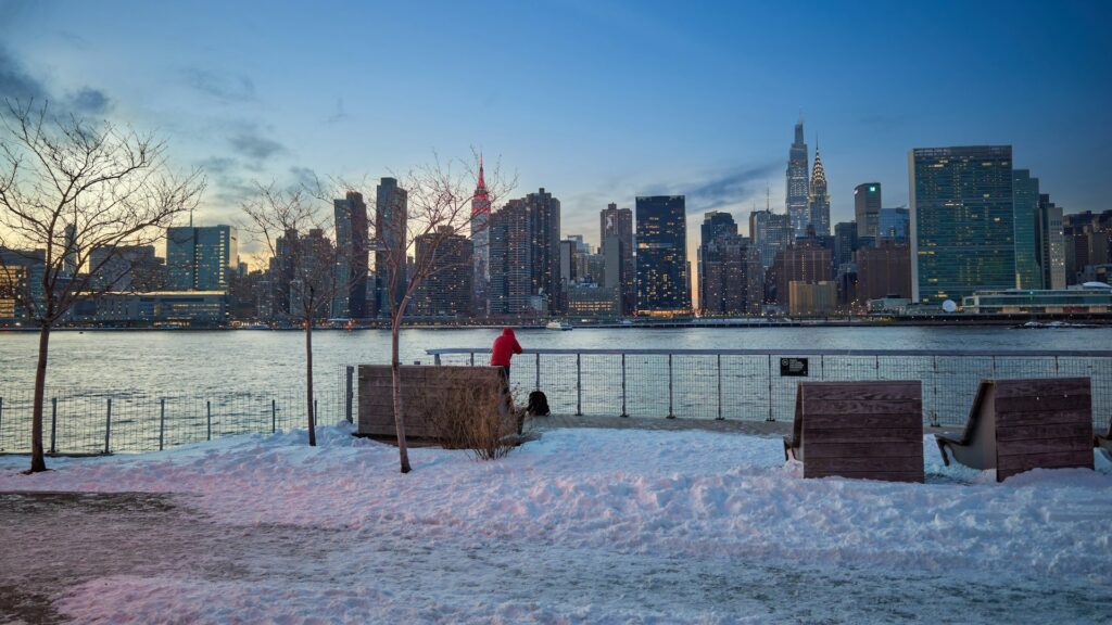 New York in Winter looking at NY city & Empire & Chrysler buildings
