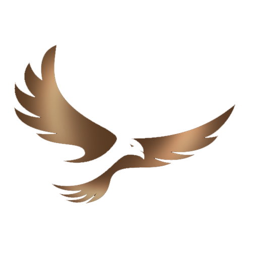 A stylized, metallic-gold silhouette of a bird in flight, captured with elegant and sweeping wing strokes.