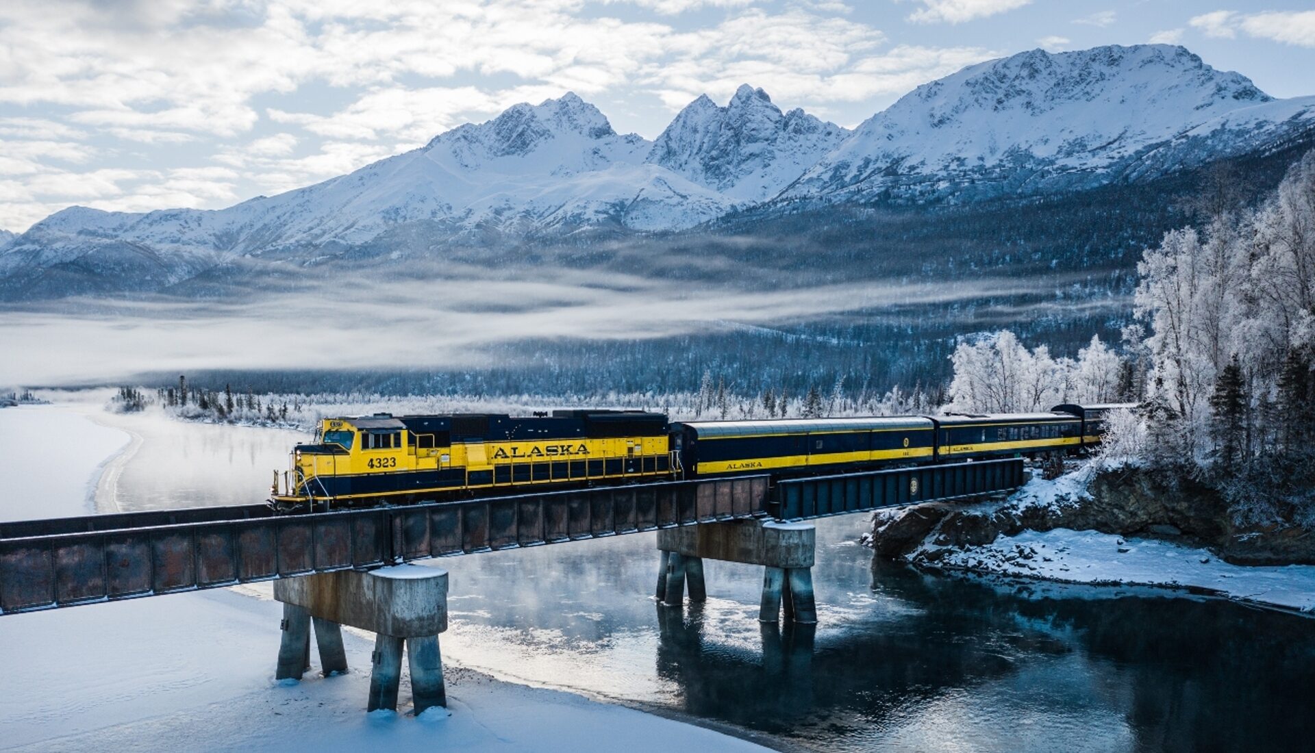 A train journey through a winter wonderland: a vibrant yellow train crosses a bridge over a frozen river, with the majestic embrace of snow-capped mountains under a clear blue sky.