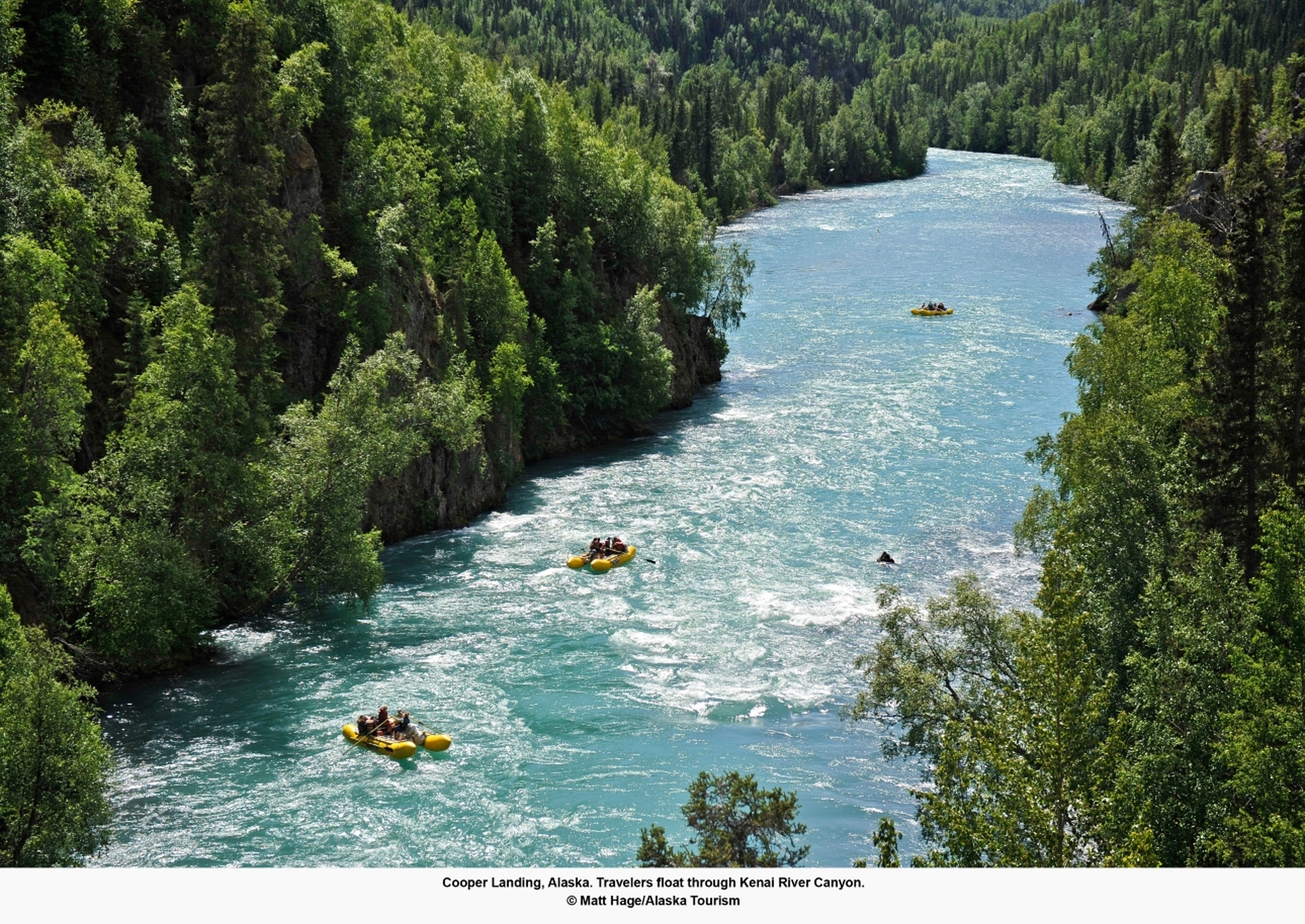 A group of adventurers on rafts traversing the vibrant turquoise waters of a lush, tree-lined river canyon.