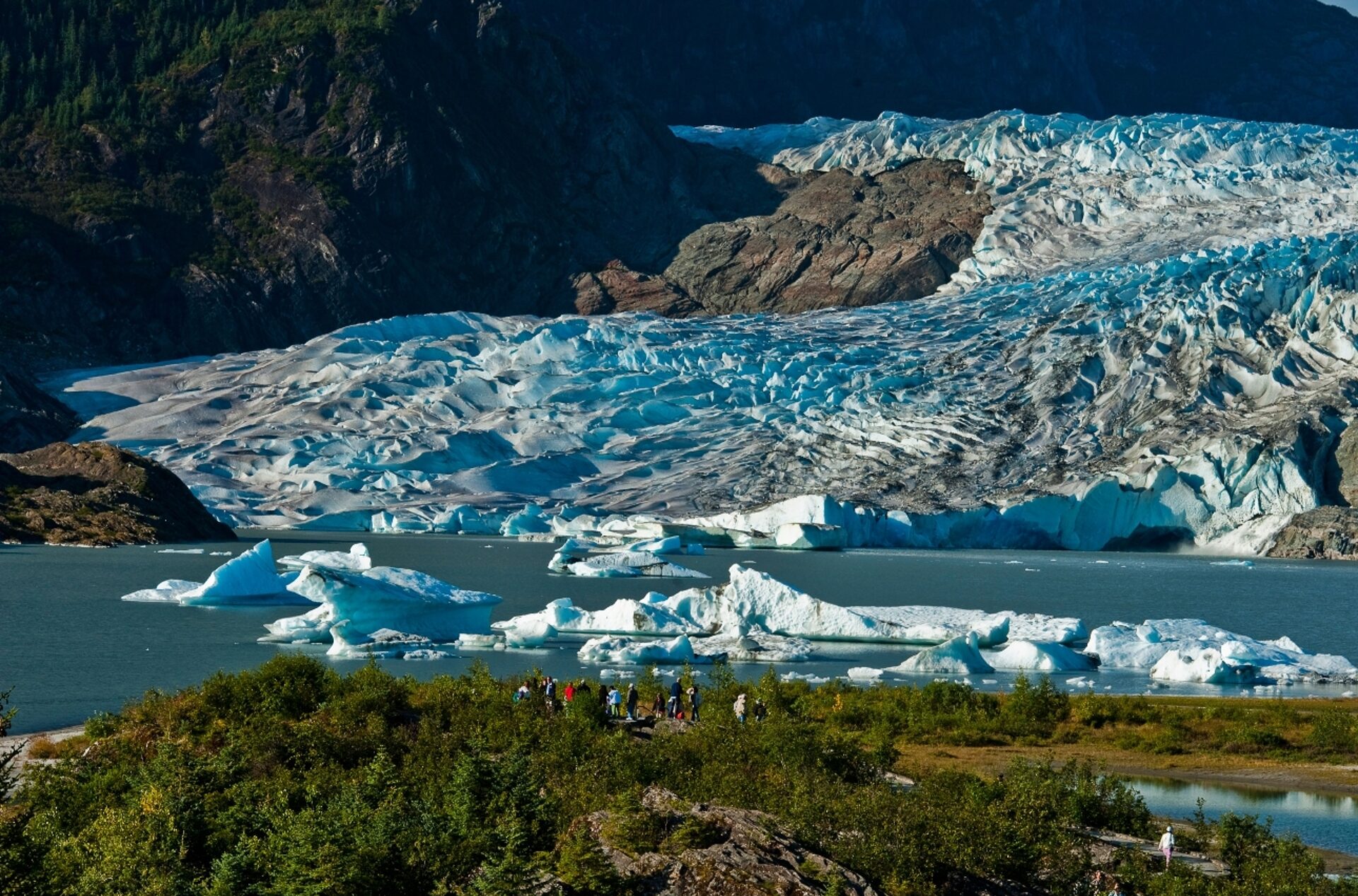 A group of observers taking in the scenic view of the mendenhall glacier and floating icebergs in juneau, alaska, surrounded by the lush greenery of summer.
