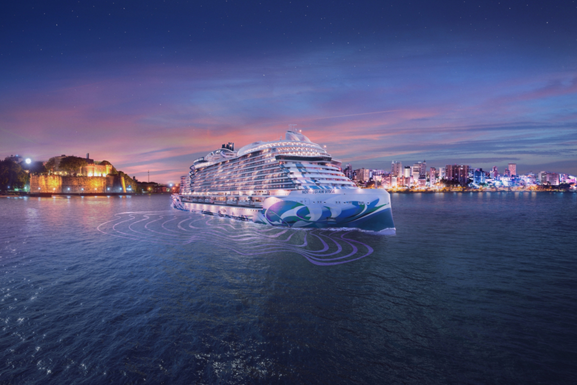 A magnificent cruise ship sets sail at dusk, its lights beginning to twinkle against the backdrop of a vibrant city skyline and a sky painted with hues of deep blue and purple. This marks the beginning of