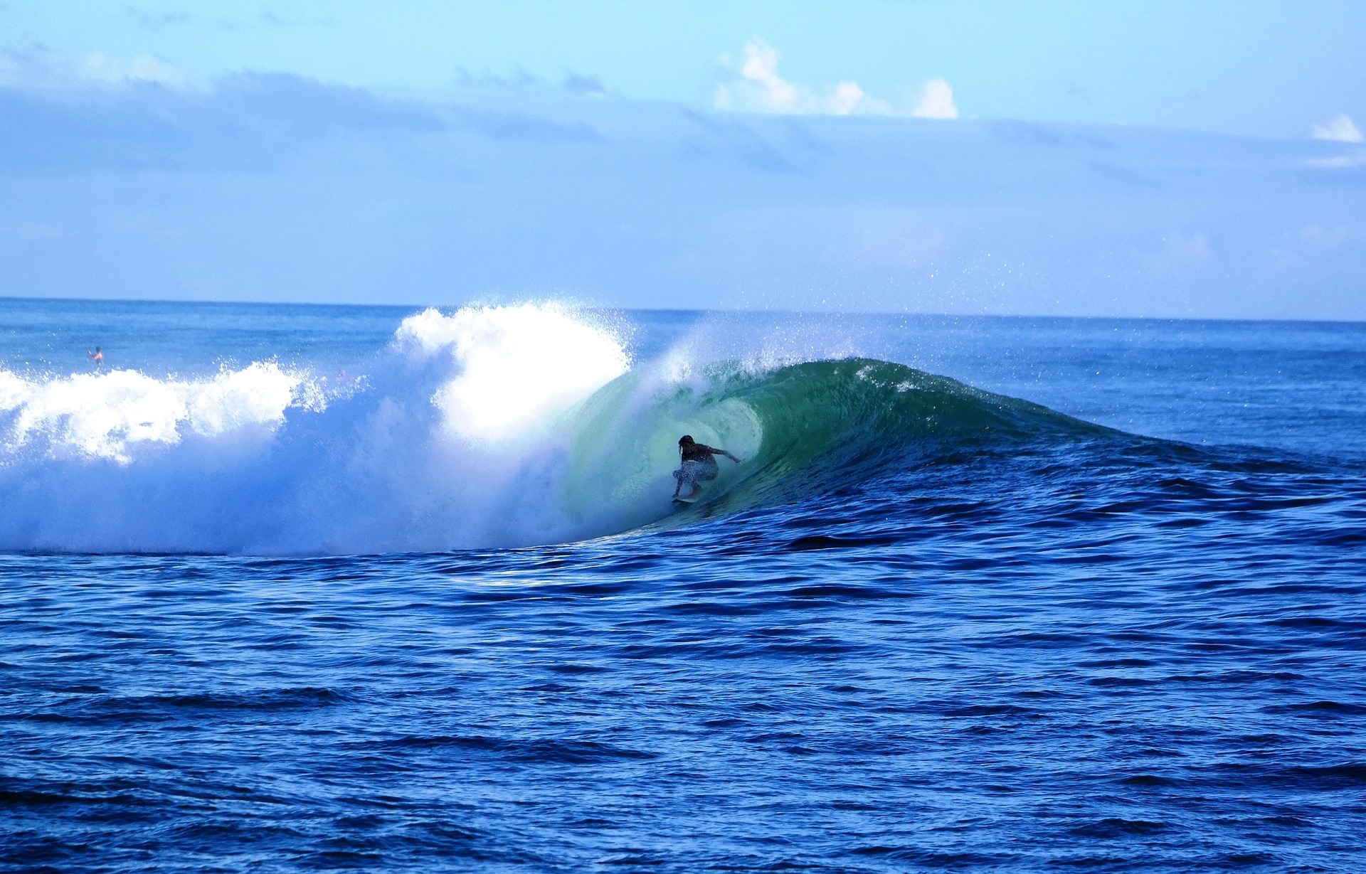 Surfer riding a turquoise wave with skill and balance under a clear blue sky.