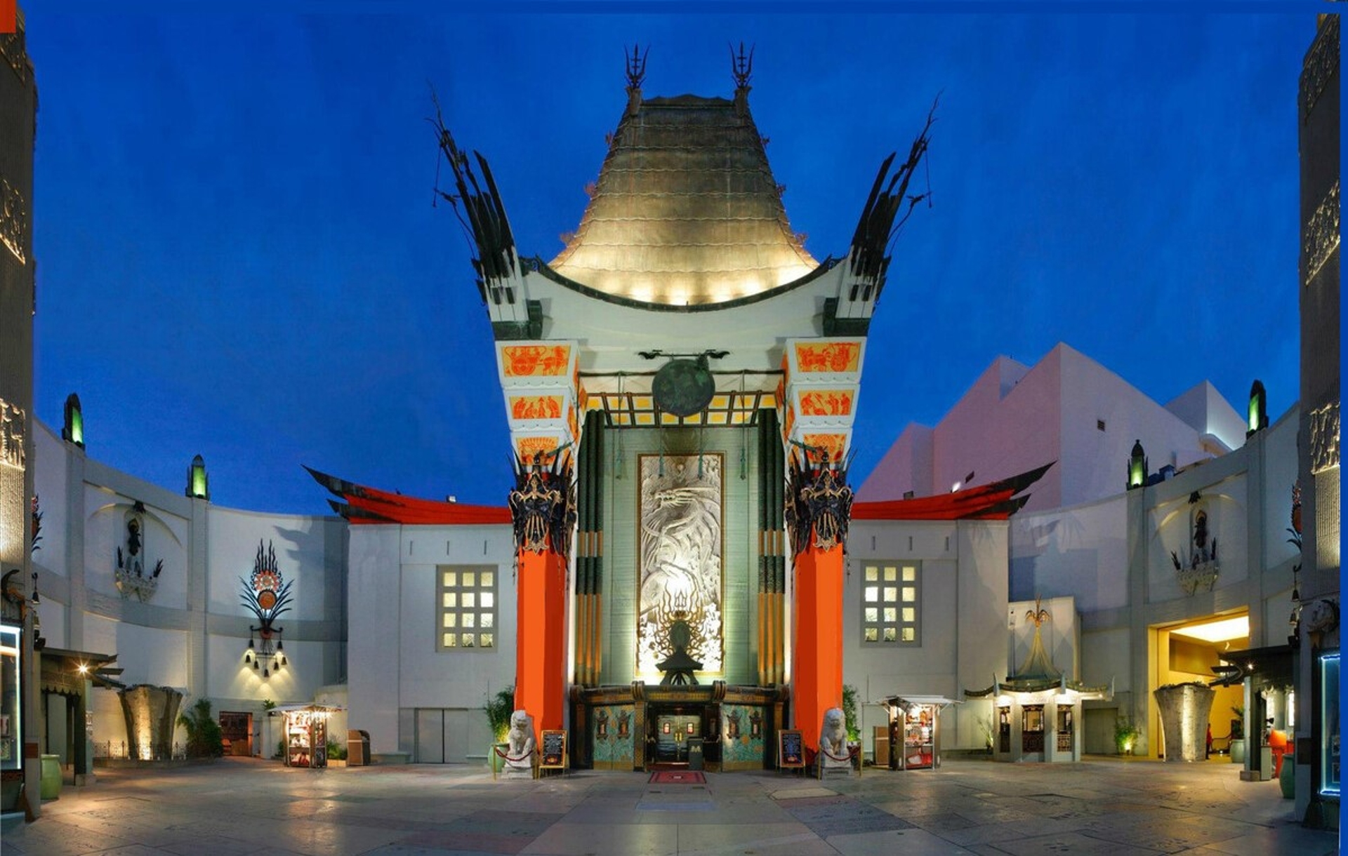 Iconic movie palace with distinctive east Asian-inspired architecture in Los Angeles, captured at twilight.
