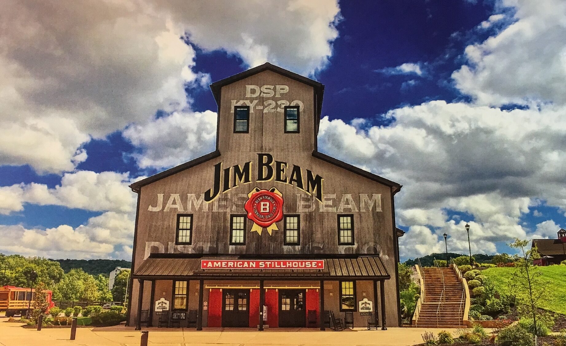 Kentucky_Jim_Beam_Stillhouse outside view with blue skys & white clouds