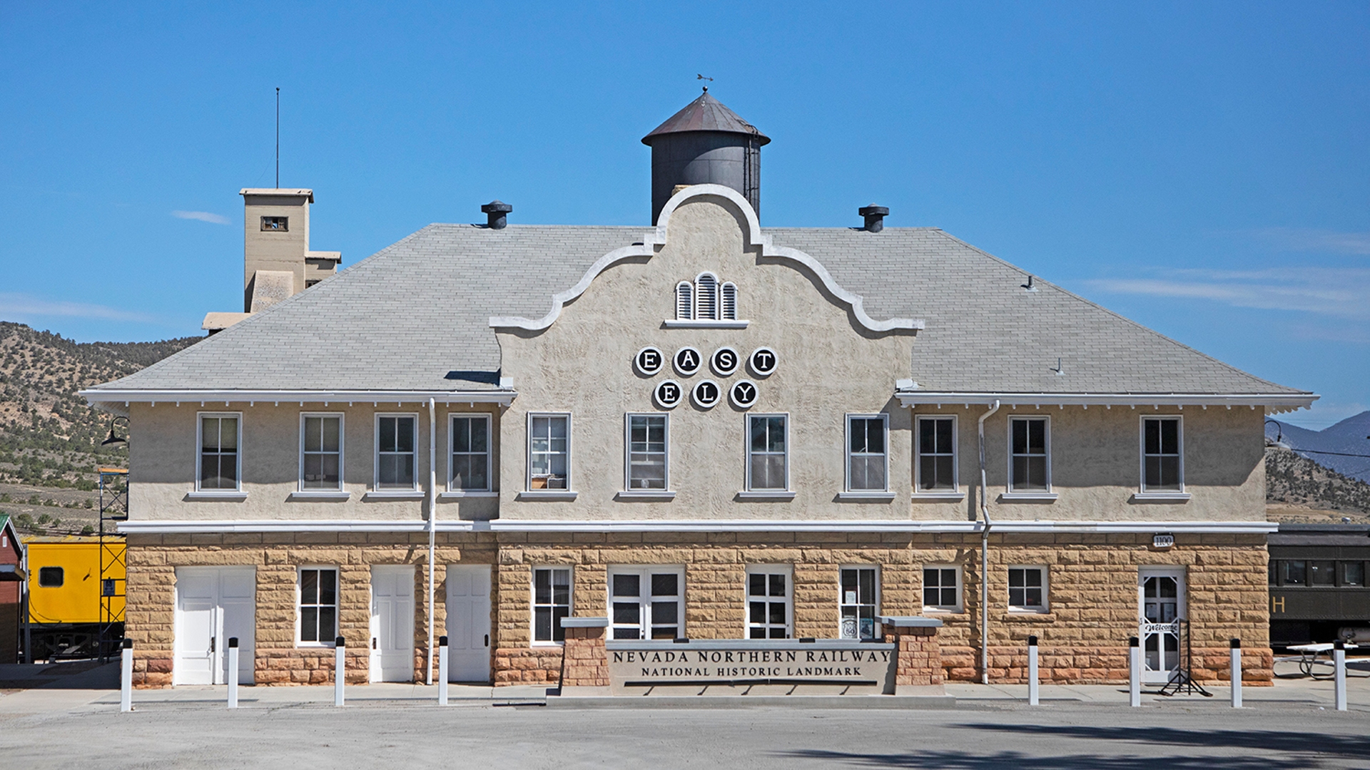 Nevada Northern Railway building on a clear sunny day