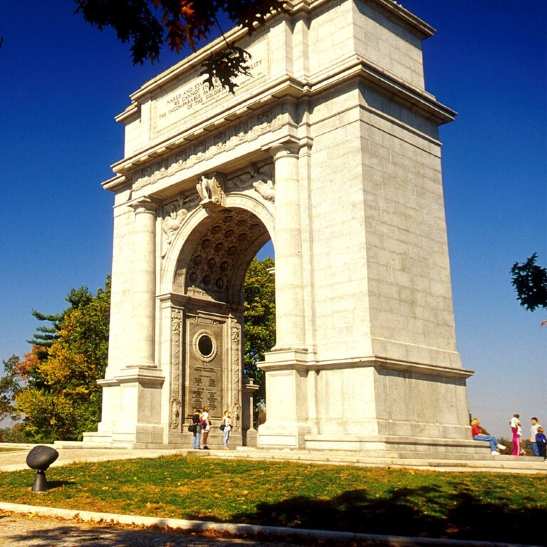 Philadelphia PA valley Forge Park Arch Day on the sunny day with blue sky showing the entrance