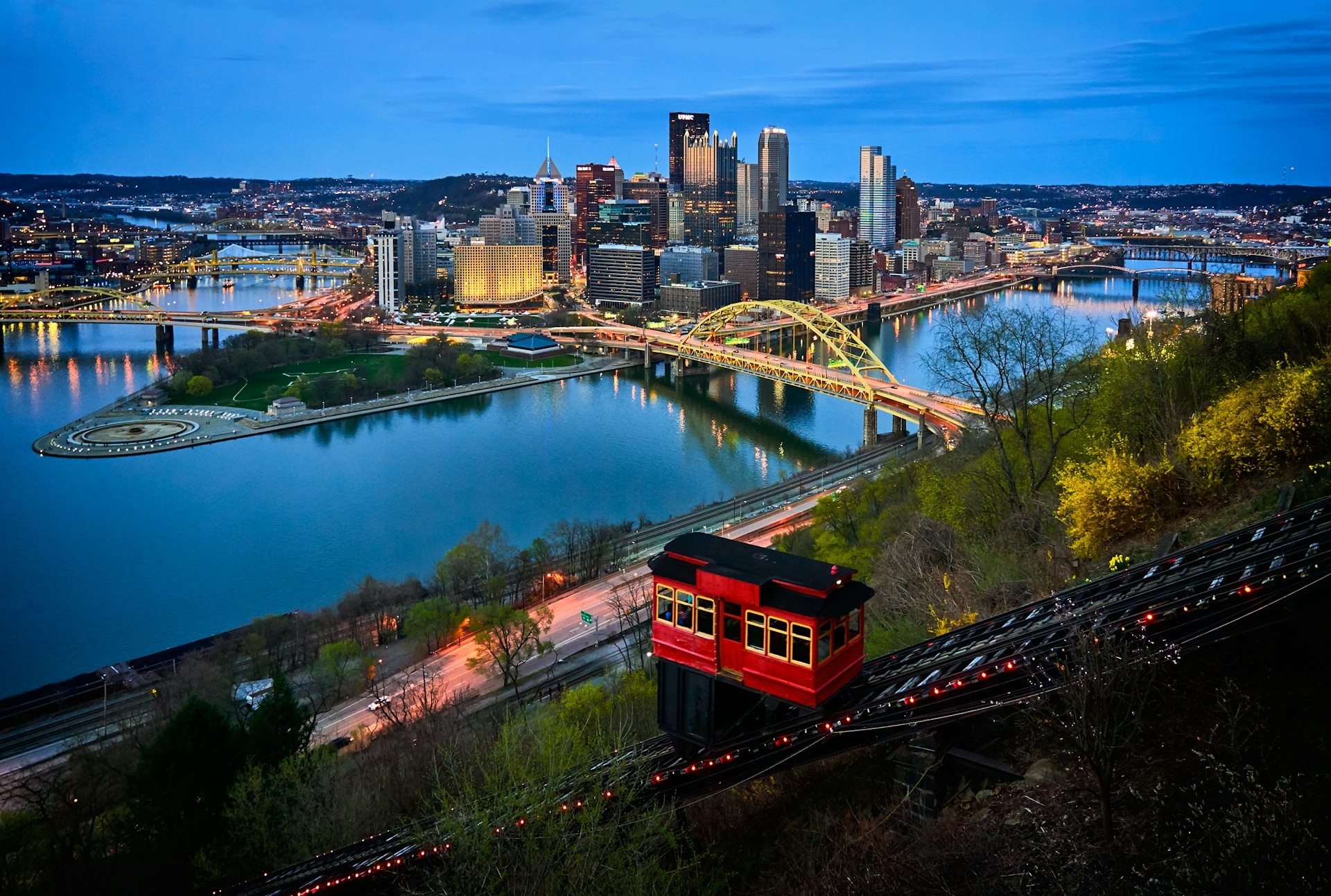 Pittsburg Pennsylvania showing the incline rail that goes up the mountains to get great views of the city