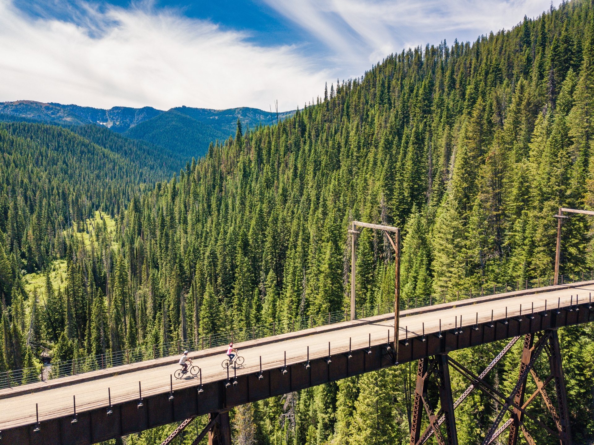 Route of the Hiawatha Bike Trail riding across the bridge with all the green trees around