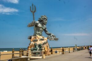 Virginia Beach Boardwalk, Virginia with the iconic statue of King Neptune holding a trident