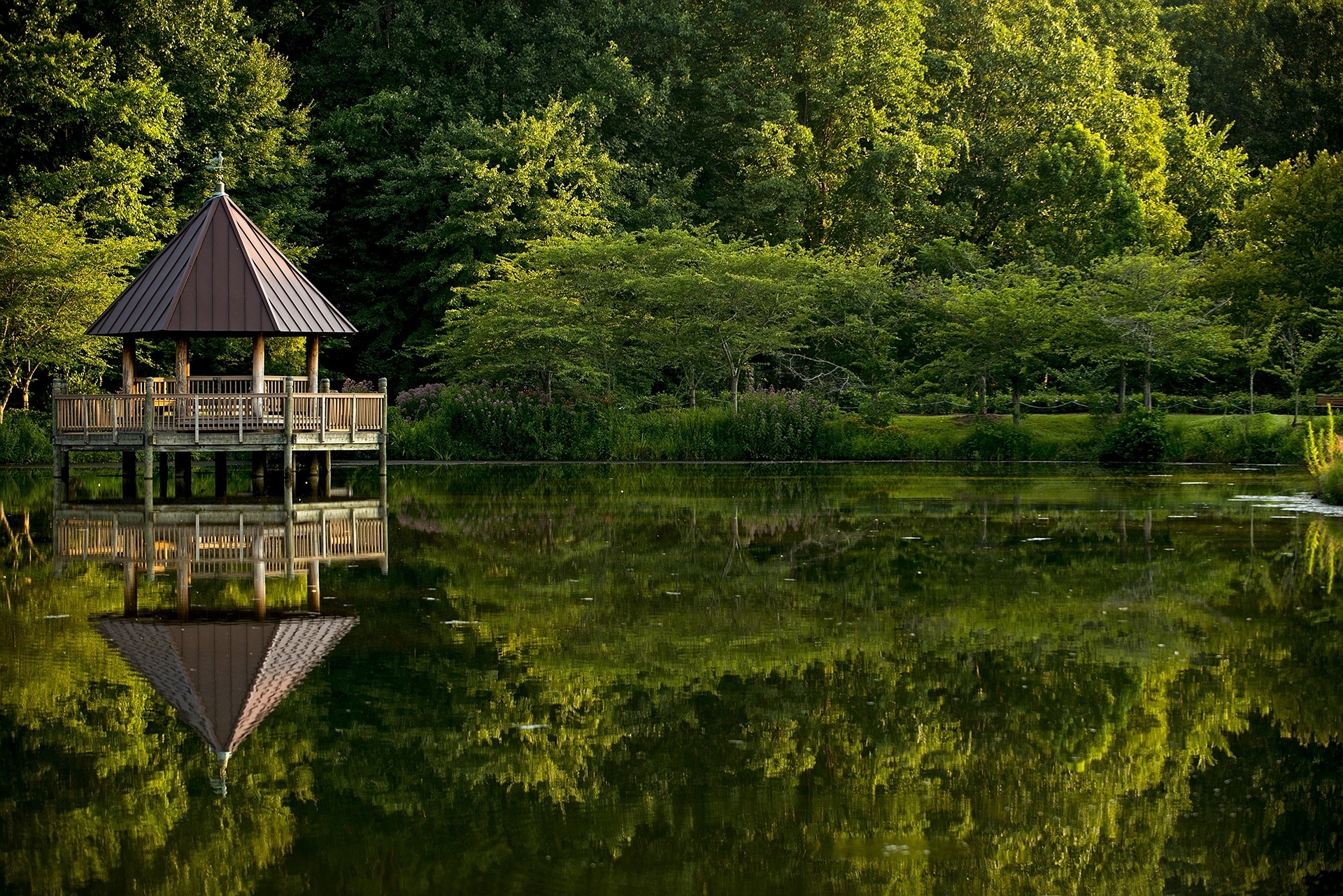 Virginia Gazebo Meadowlark Botanical Gardens with the gardens and gazebo reflections in the lake