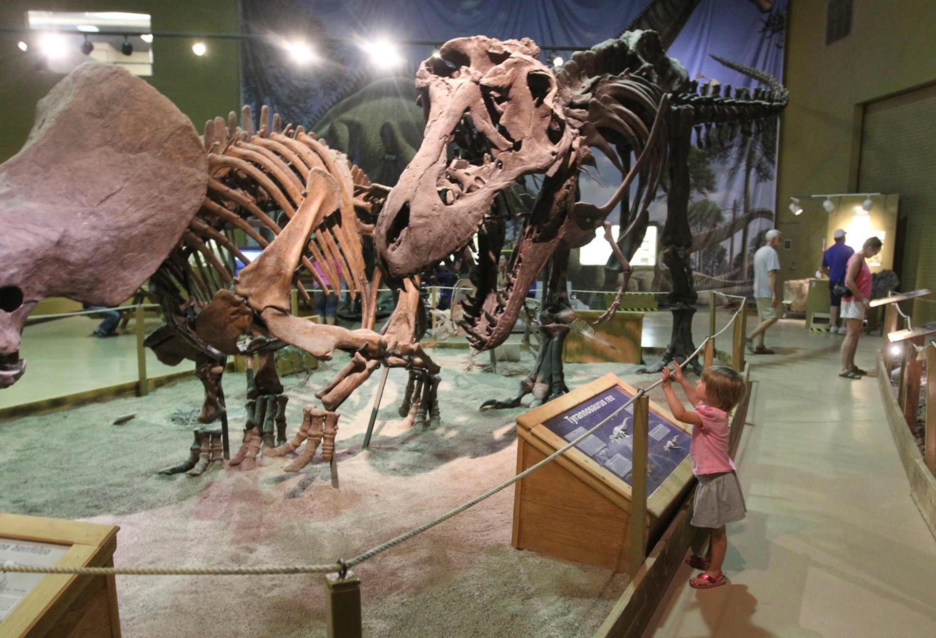 Wyoming Dinosaur Centre with a little girl wondering what she is looking at the massive dinosaur towering above her