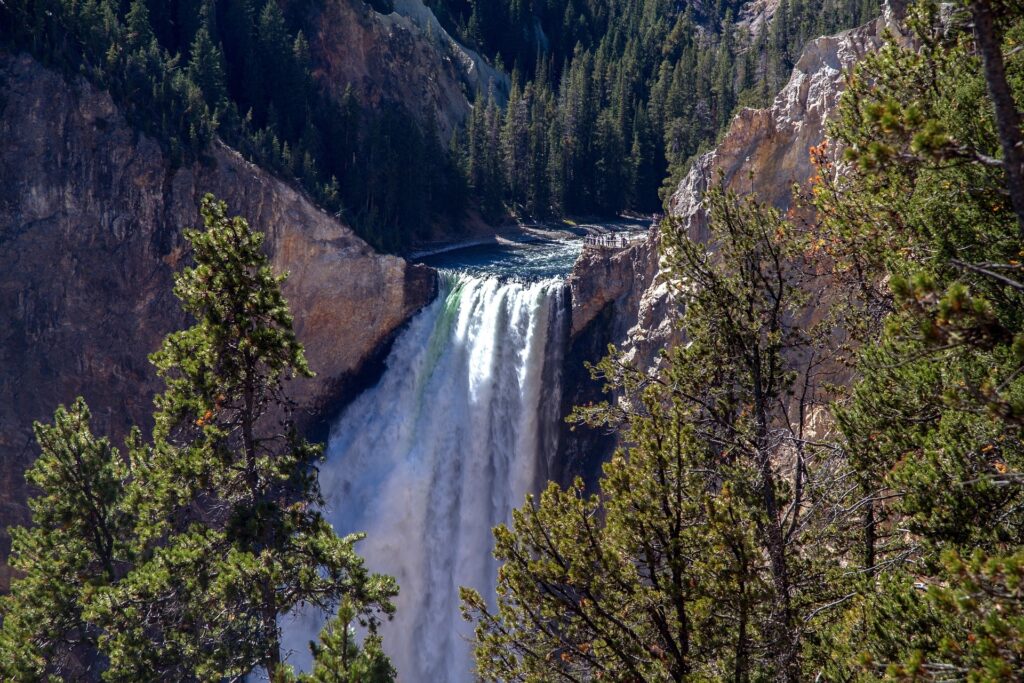 Yellowstone National Park Waterfall Wyoming showing the volume of water that goes over this waterfall and the shear drop below