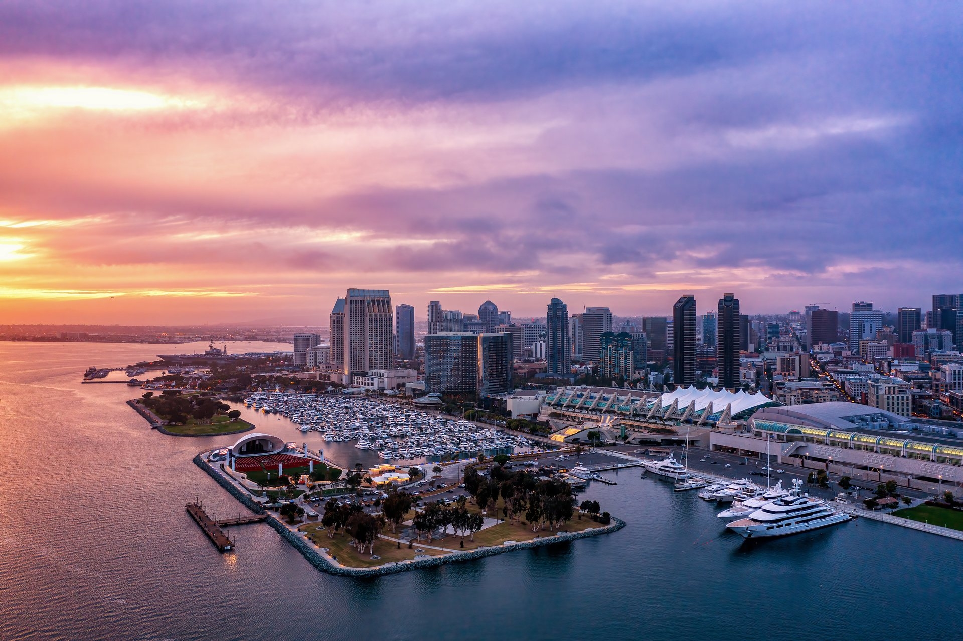 Aerial South Embarcadero Skyline Sunset Photo by Photo by Scott Murphy San Diego Tourism Authority