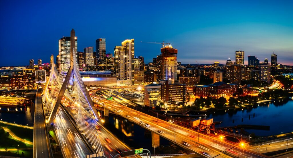 Boston City Bridge with the city lights shining bright