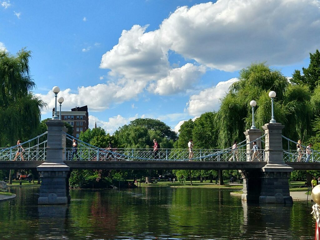 Boston Common, Boylston Street, in Boston with the main bridge crossing the lake
