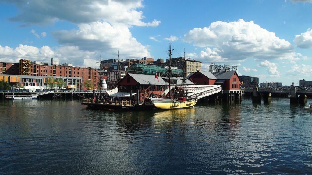 Boston Tea Party venue showing the ship and building of this famous attraction in Boston Massachuetts
