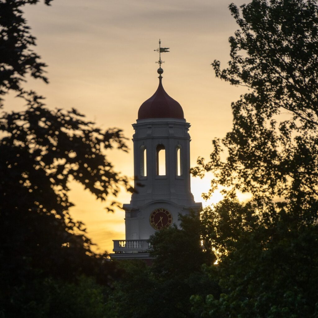 Dunster house Cambridge Harvard University at sunset with trees surrounding the tower