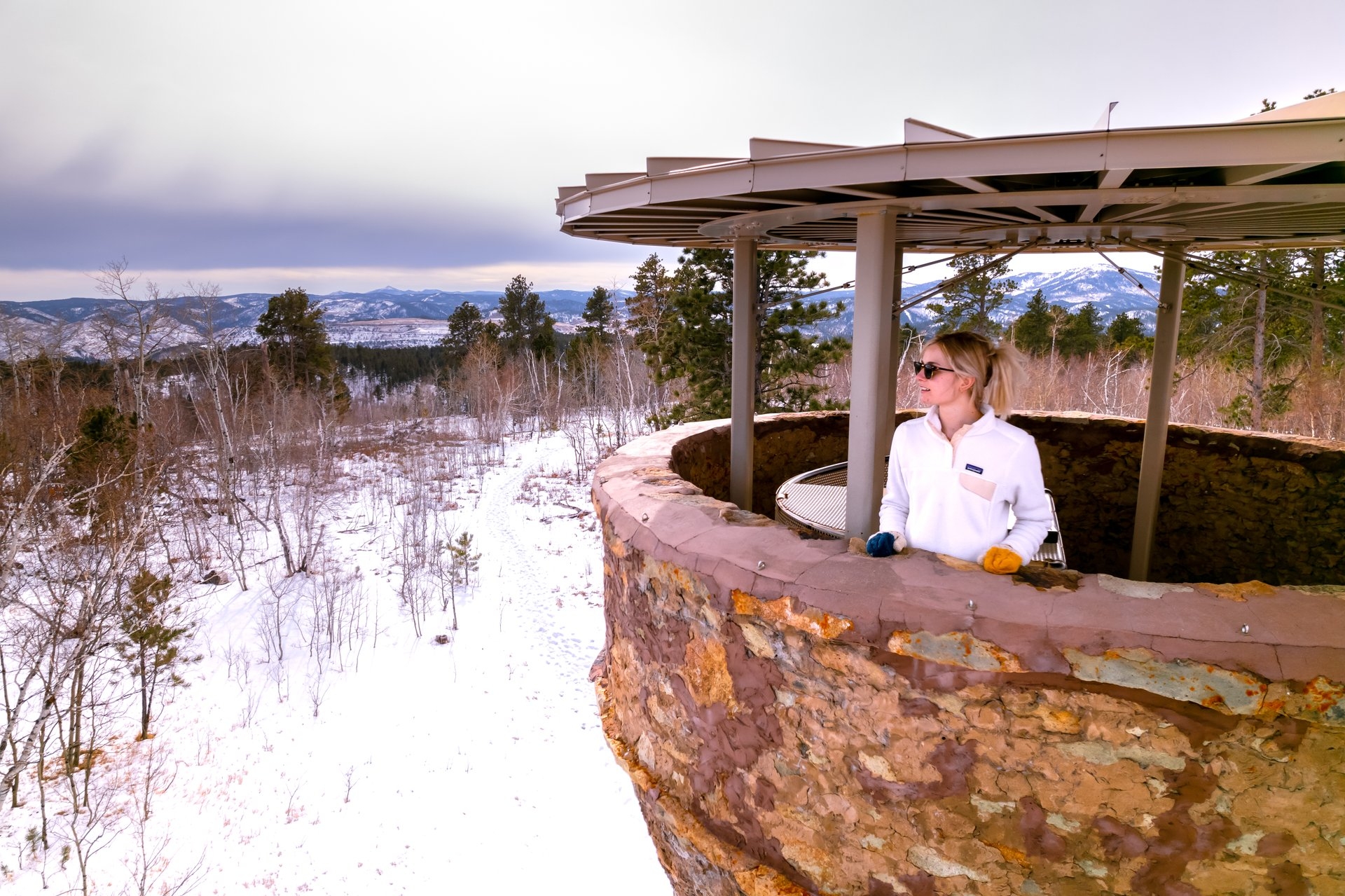Friendship Tower in Deadwood South Dakota in winter showing the view from the tower