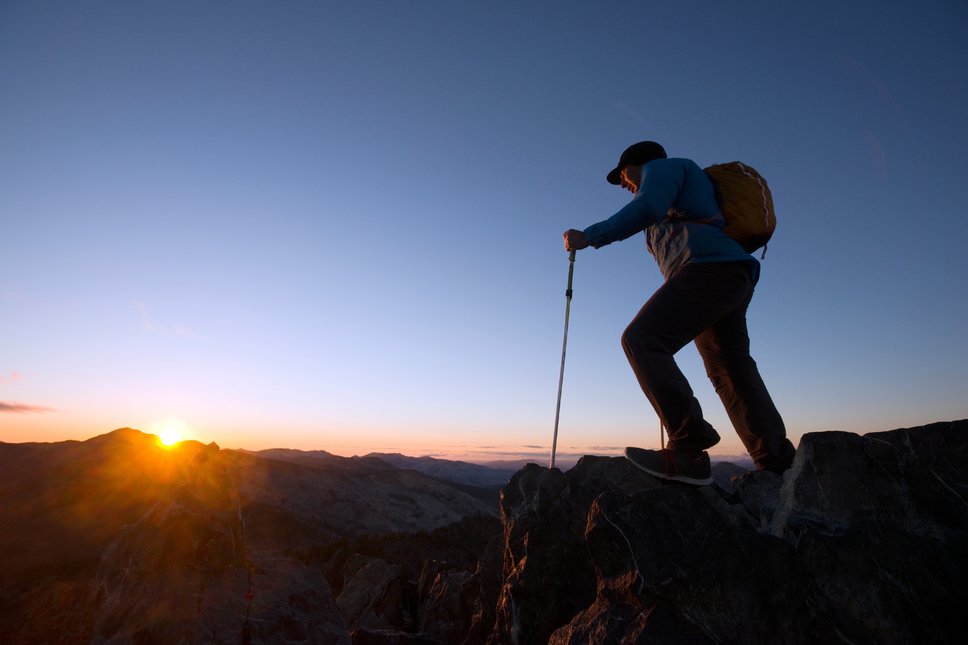 Man hiking Mount Tallac at sunrise Credit Rachid Dahnoun and Lake Tahoe Visitors Authority