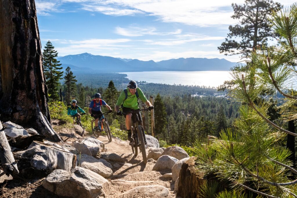 People mountain biking on a South Lake tahoe bike trail Credit Rachid Dahnoun and Lake Tahoe Visitors Authority