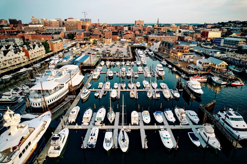 Portland Maine an ariel view of the town and marina