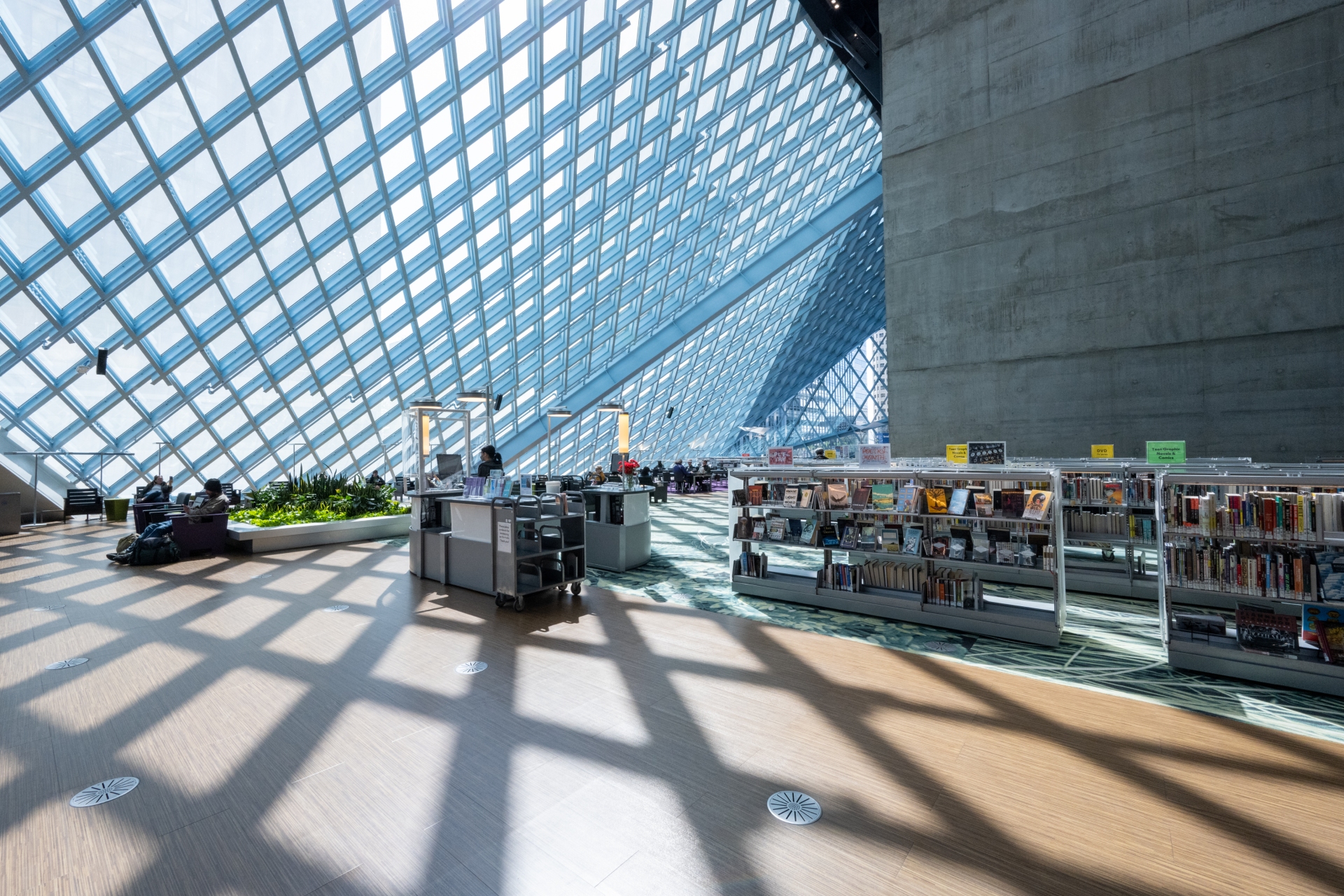 Seattle Central Library with the stunning architecture with the light shining through the windows in Seattle Washington State