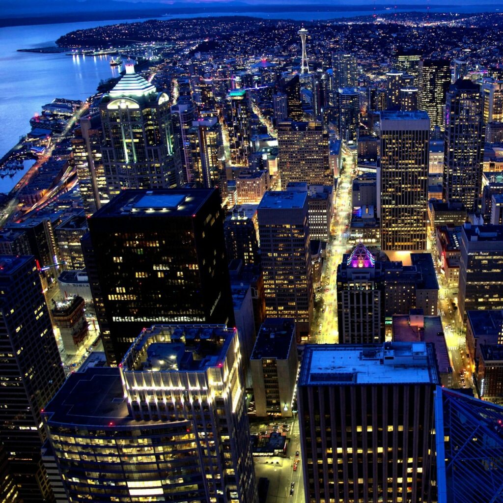 Seattle City night ariel view of city light in Washington State