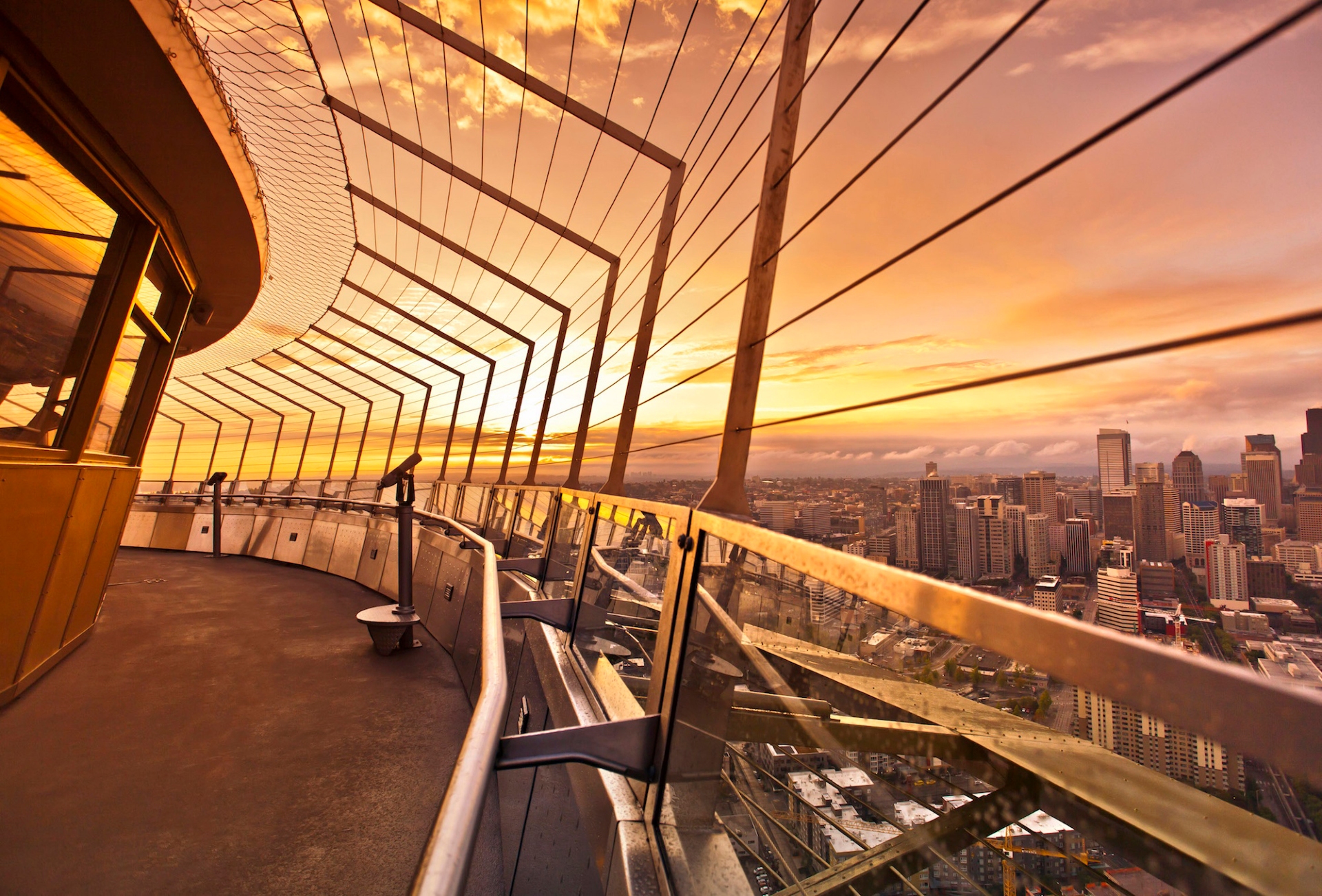 Seattle Space Needle observation Deck with an amazing view of the Seattle sunset
