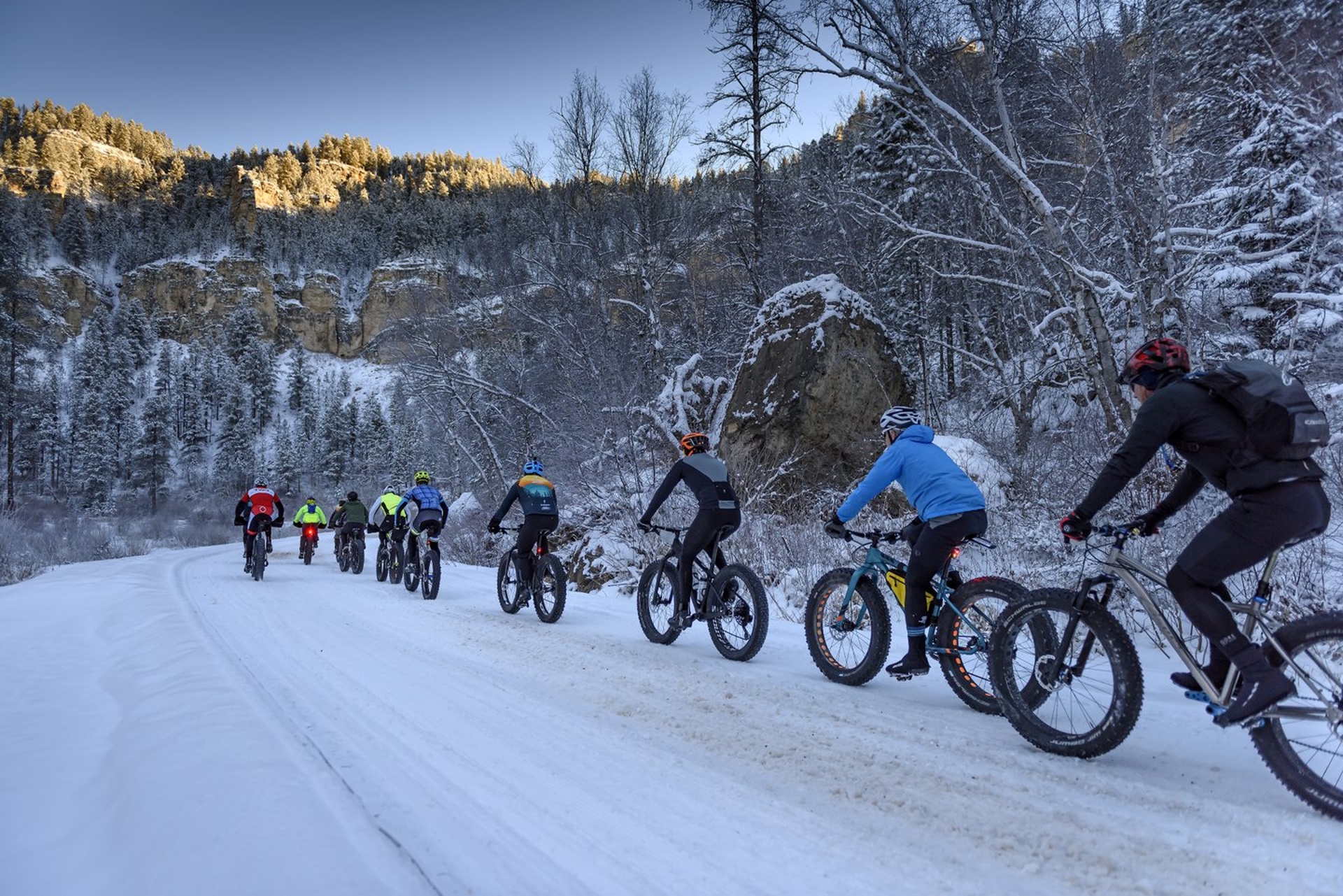 Spearfish Canyon Fat Biking in Spearfish Canyon on a clear winters day