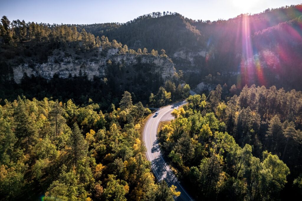 Spearfish Canyon ariel view of the road leading through the canyon