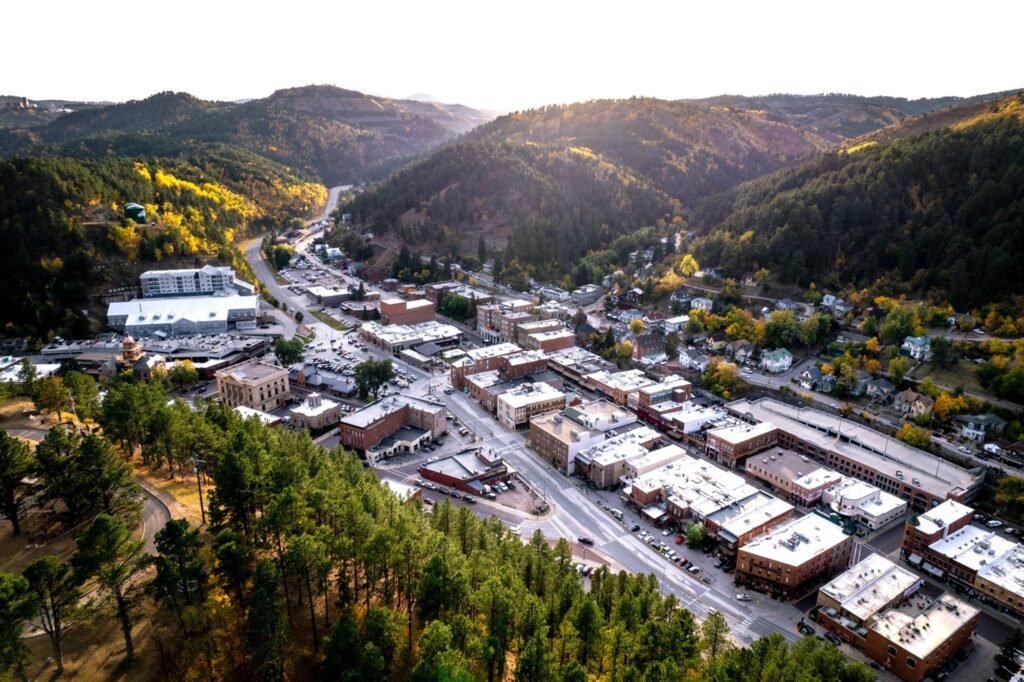 Wild West in Deadwood ariel view of the town in summer