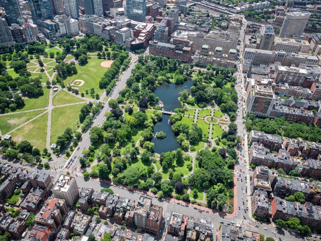 Boston Aerial view of both parks Boston Common and the Public Garden park in summer